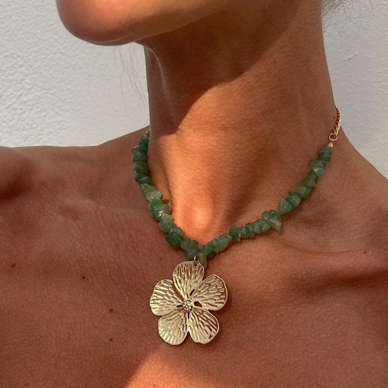 

Богемное ожерелье из неправильного натурального камня для женщин, изысканная металлическая цепочка до ключиц с цветком, пляжная вечеринка, ювелирные аксессуары, подарок onesize