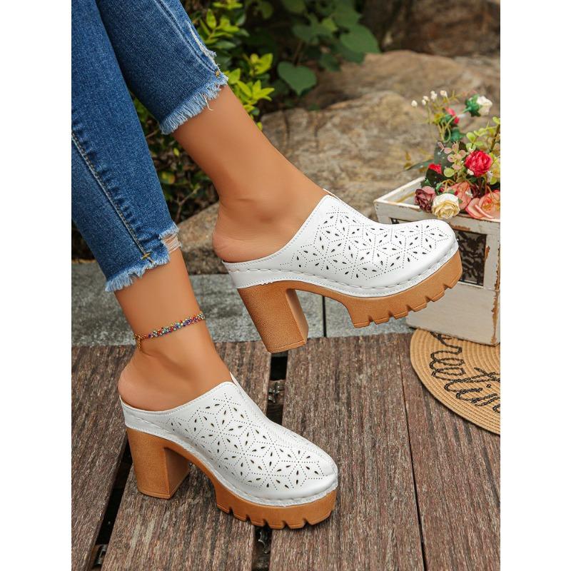 Women's Plus Size Suede High Heel Slippers Summer European American Style Carved Hollow Closed Toe Thick Block Heel