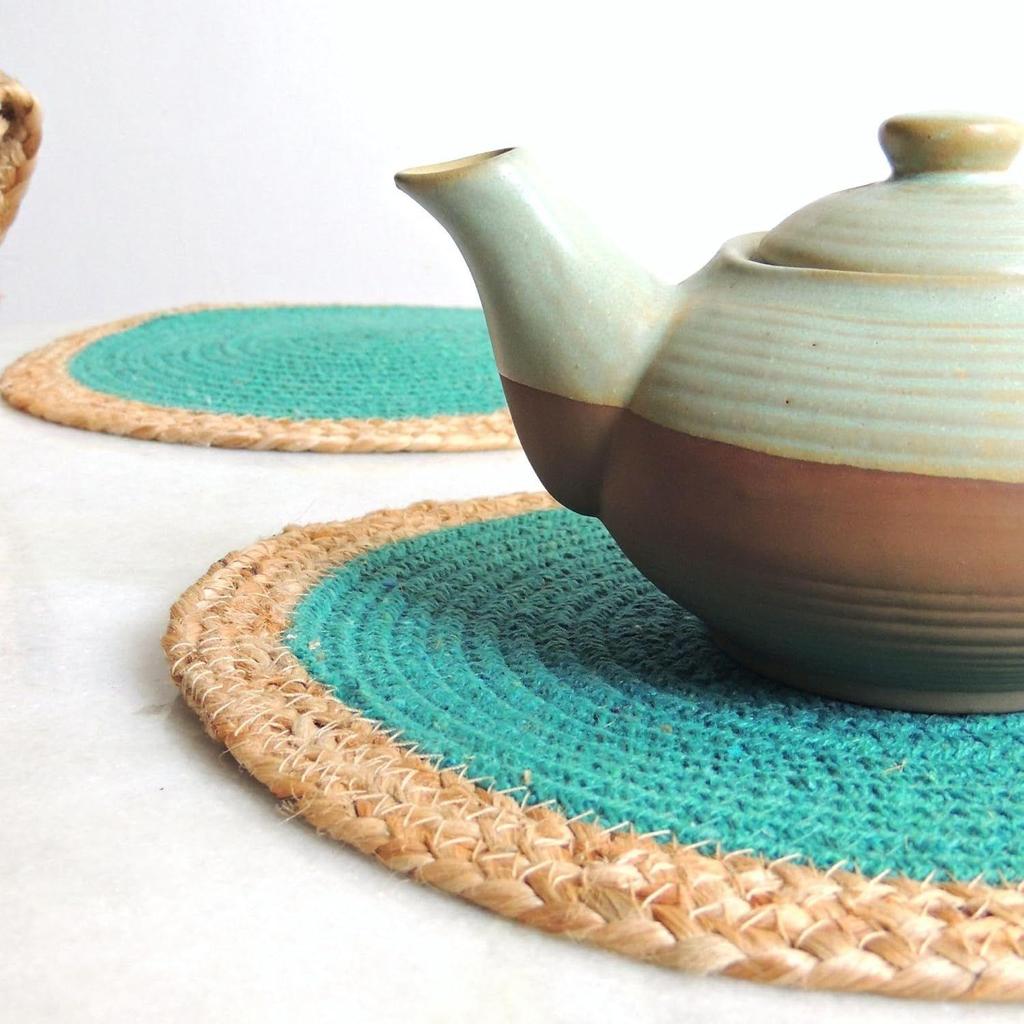 Jute Braided Placemats | Side Table Mats | Best for Bed-Side Table, Center Table, Dining Table, Shelves Farm Mats (Teal, 30 Cm Round)