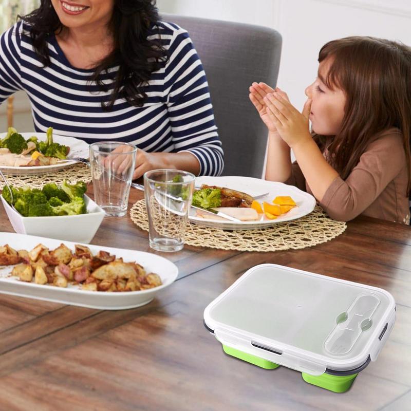 Silicone Bento Lunch Box 3 Compartment Foldable Lunch Food Container With Spoon Safe In Microwave Dishwasher Freezer