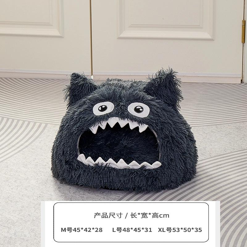 Monster pet bed winter warm cat litter removable and washable semi-closed cat litter pad cartoon plush pet house cat litter
