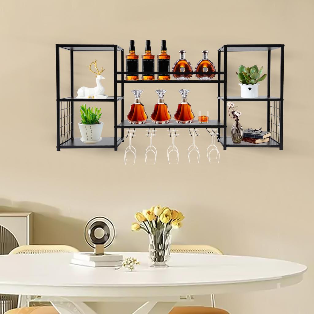 Wall Mounted Wine Rack with 5 Tier Open Shelves, Floating Wine Storage Shelf for Home Kitchen, Wine Bottle Display Organizer