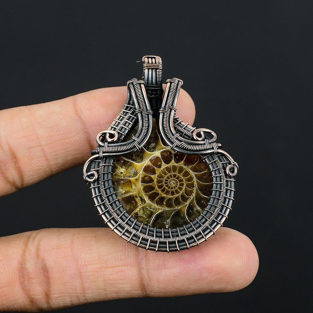 Ammonite Fossil Jewelry, 999 Copper Wire Wrapped Gemstone Bracelet, Handmade Jewelry, For Memorial Day