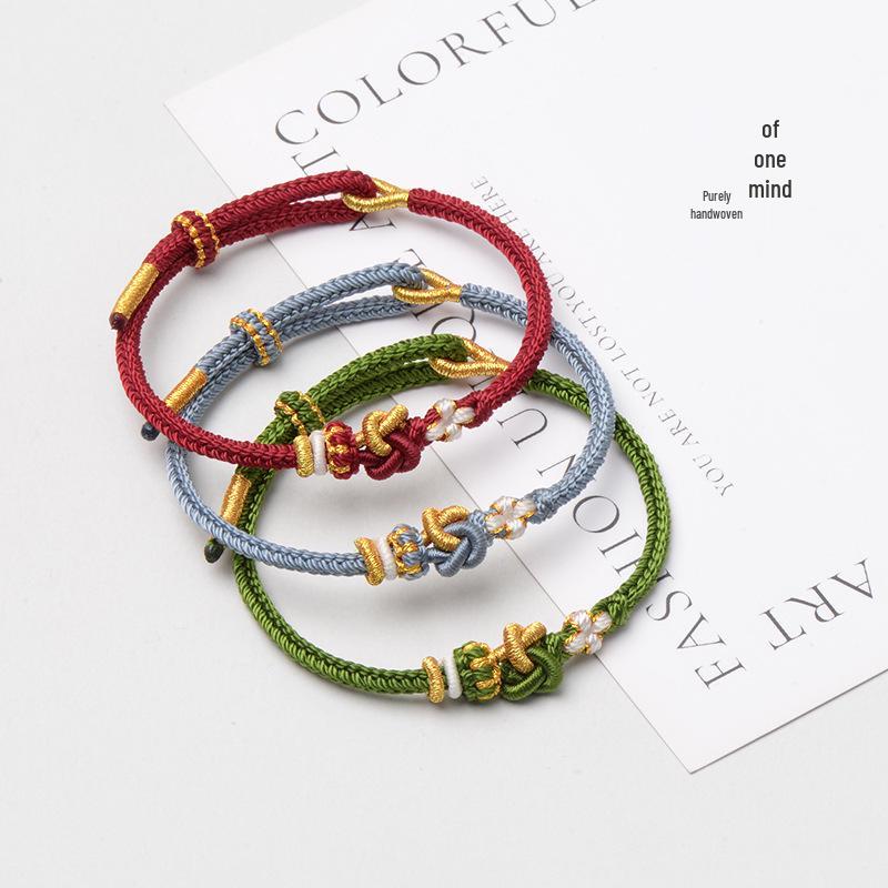 Handmade Red Rope Bracelet with Gold Pendant - DIY Semi-Finished Concentric Knot for Couples