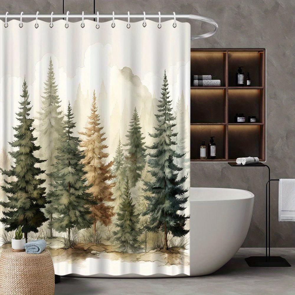 Serene Forest Shower Curtain – Tranquil Pine Trees & Misty Landscape, Nature-Inspired Art, Polyester, Includes Hooks