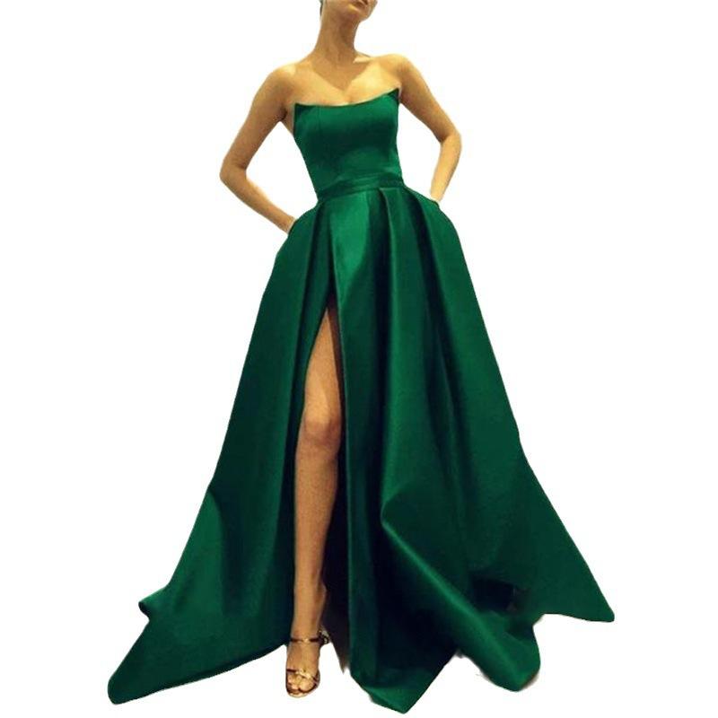 Satin evening dress tube top high fork ball dress a-shaped cut big skirt slim