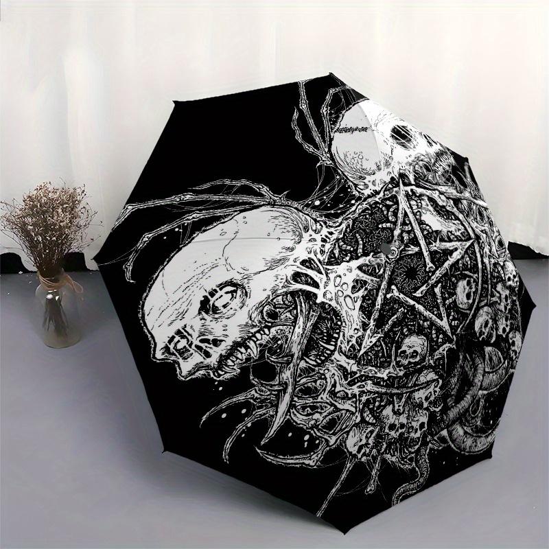 """Dunkle Gothic Totenköpfe & Pentagram Anstecknadel" Regenschirm, Süßer Regenschirm mit Süßem Design, Tragbarer 3-Fach Kompakter Regenschirm für Damen & Herren, Valentinstag Da"""