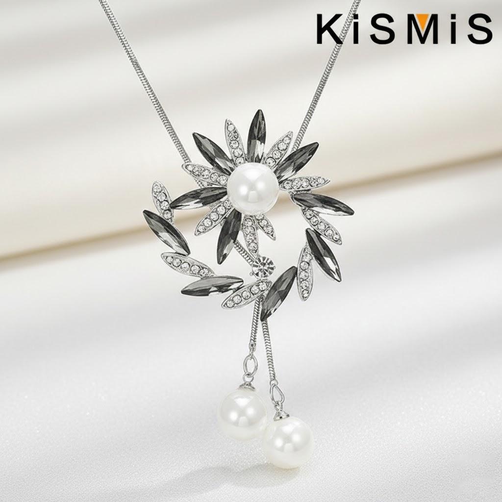 

Faux Pearl Necklace Large Round Flower Crystal Long Necklace Pendant Women Jewelry Fashion Sweater Chain серый