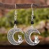 New Hollow Moon Kitten Pendant Earrings, Fashionable and Simple Retro Black Gemstone Ear Jewelry