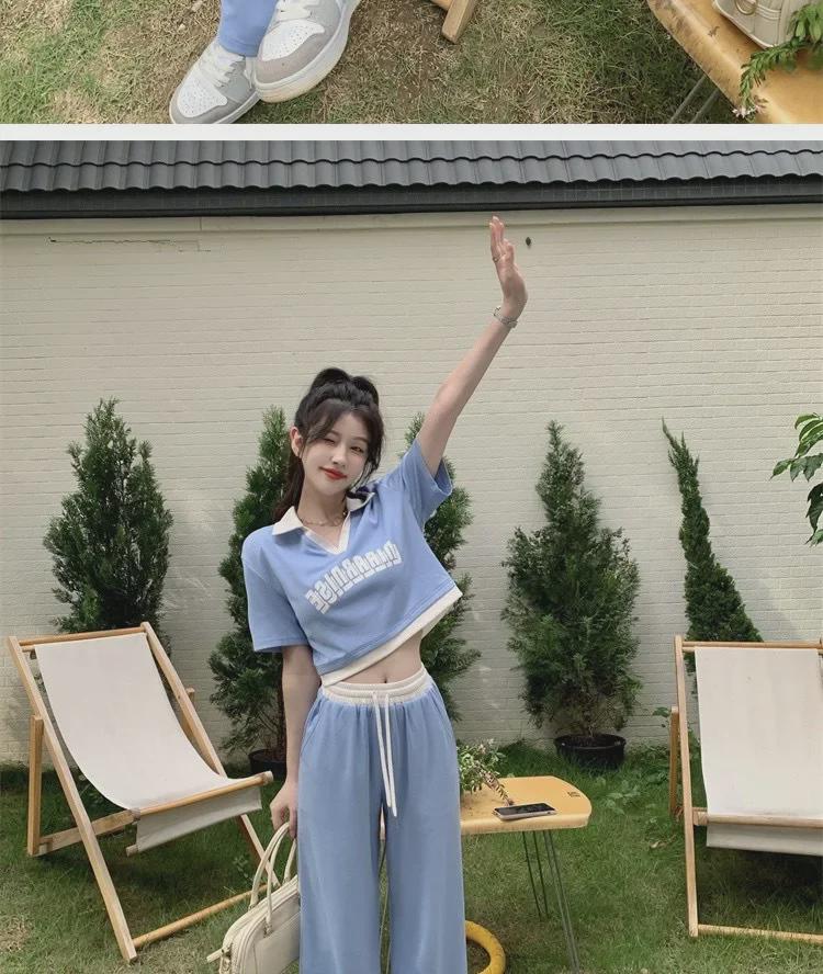 Dámský letní sportovní ležérní dvoudílný oblek: Polokošile a kalhoty s riasením