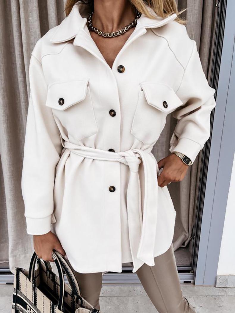 2025 Autumn/Winter Women s Woolen Coat with Turn-Down Collar and Button Tie Medium