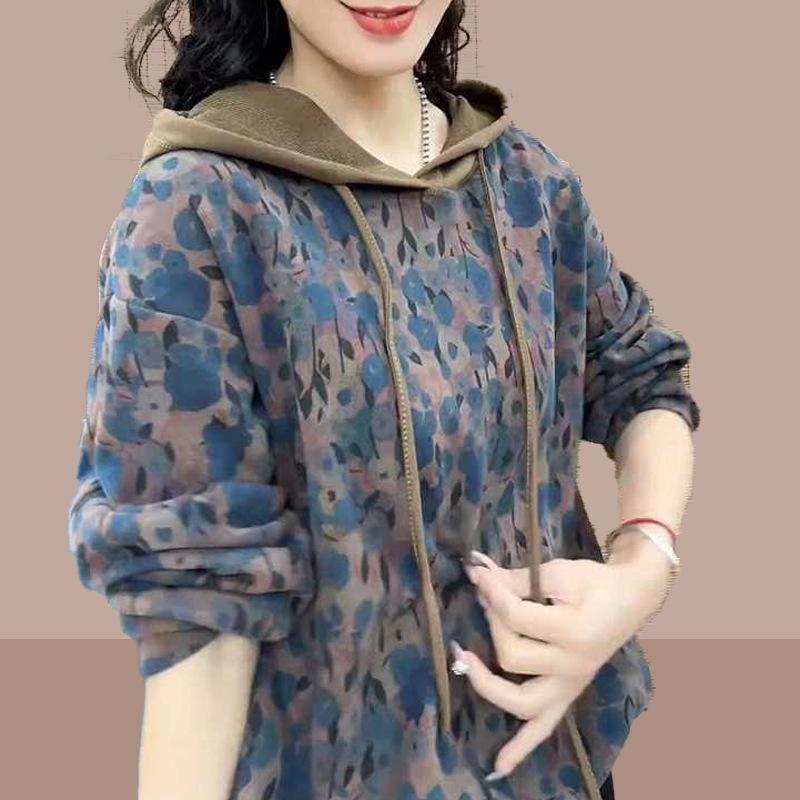 Women's Spring Autumn New Style Retro Fashion Casual Printed Hooded Sweatshirt Loose Slim Fit Stylish Base Layer Top