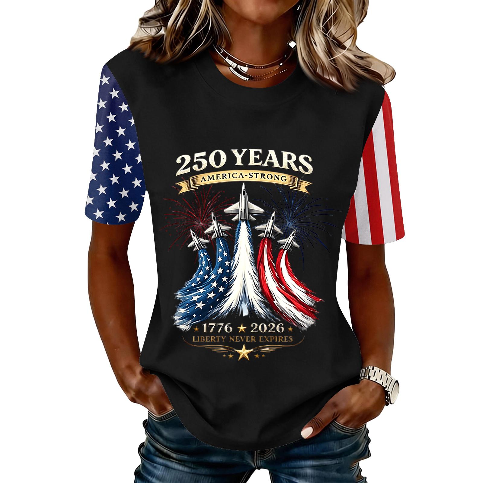 

Womens Short Sleeve Crew Neck T Shirt 250 Years America Strong Print and Flag Graphic Casual Top XXL чорний