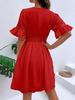 European & American Women's Summer V-neck Solid Color Dress with Patchwork Lace & Waist-cinching Design