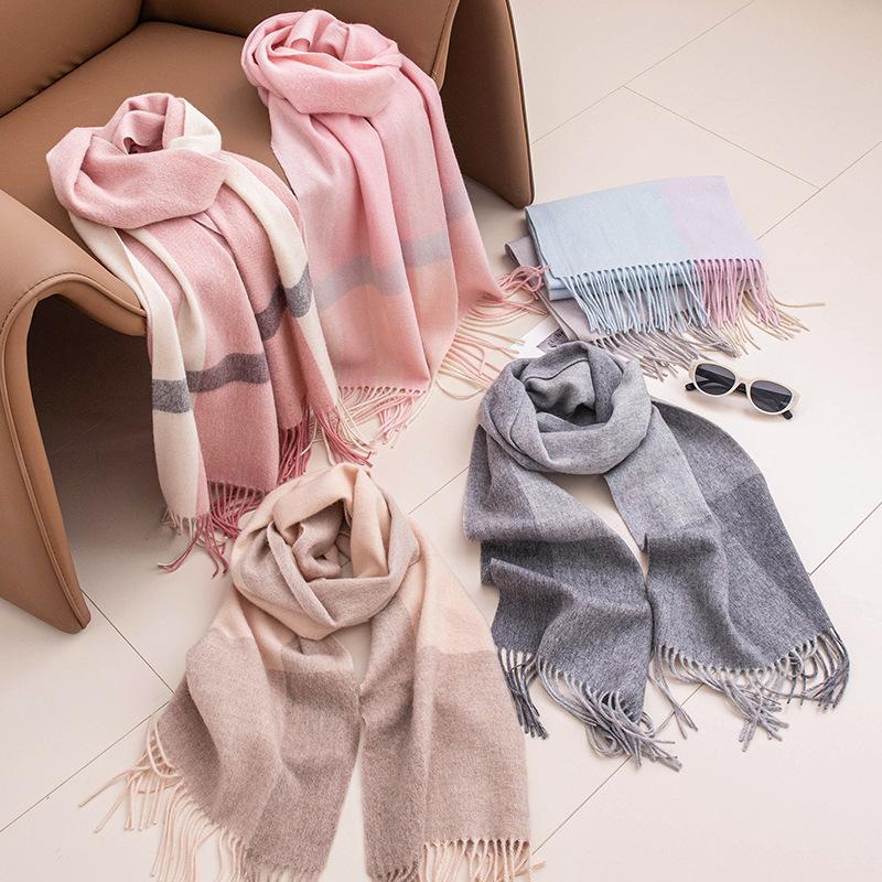 Lamb Wool Scarf Autumn and Winter New High End Women's All Match Thickened Plaid Splicing Warm Scarf Dual Use