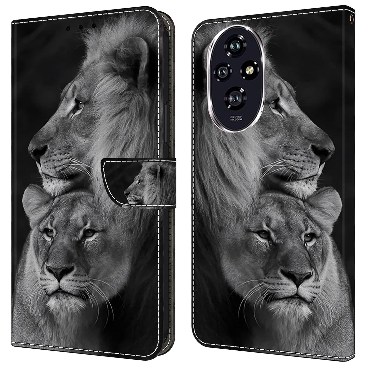 

Для Honor 200 Pro 5G Чехол-кошелек Магнитная застежка 3D узор Кожаный чехол для телефона Couple Lions