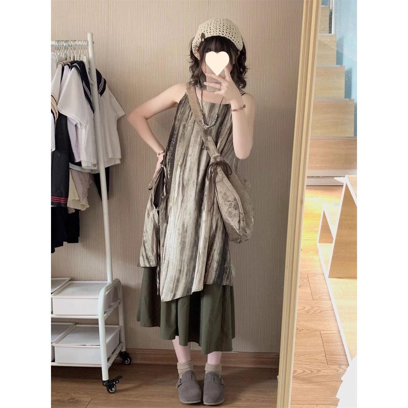 New Chinese Retro Tie-dye Suspender Dress Spring and Summer New Vacation Travel Small Long Dress Women Loose