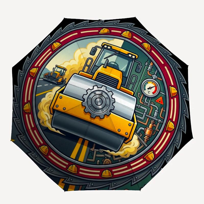 Construction Machinery Illustration Pattern Umbrella, Portable and Foldable Design, 8 Ribs, a Casual Accessory for Friend's Birthday Gifts.