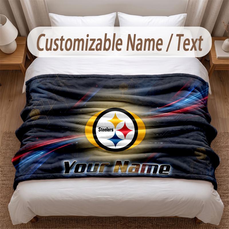 Pittsburgh Steelers Printed Flannel Blanket Custom Name Text Soft Warm Throw For Bedroom Holiday Gift
