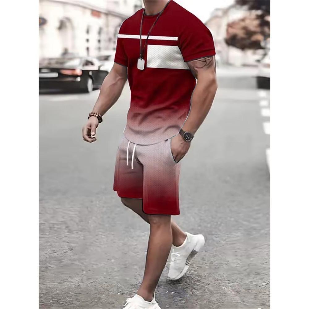 Striped And Geometric Pattern Men's Fashion Tie-dye Sets Summer 3d Gradient Printed Short Sleeve T-Shirts And Shorts Two Piece