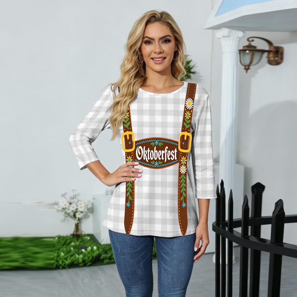 Damen Casual Oberteil mit Dreiviertelärm, Oktoberfest-Print, Rundhalsausschnitt, Leicht, Bequeme Passform für Saisonale Veranstaltungen und den Alltag