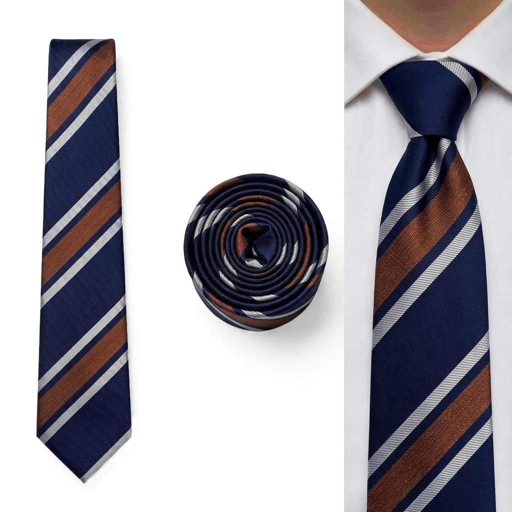 [S&W SHLAX&WING] Striped Tie for Men, Navy Blue, White, Brown Stripe, Business, Extra Long (160cm)