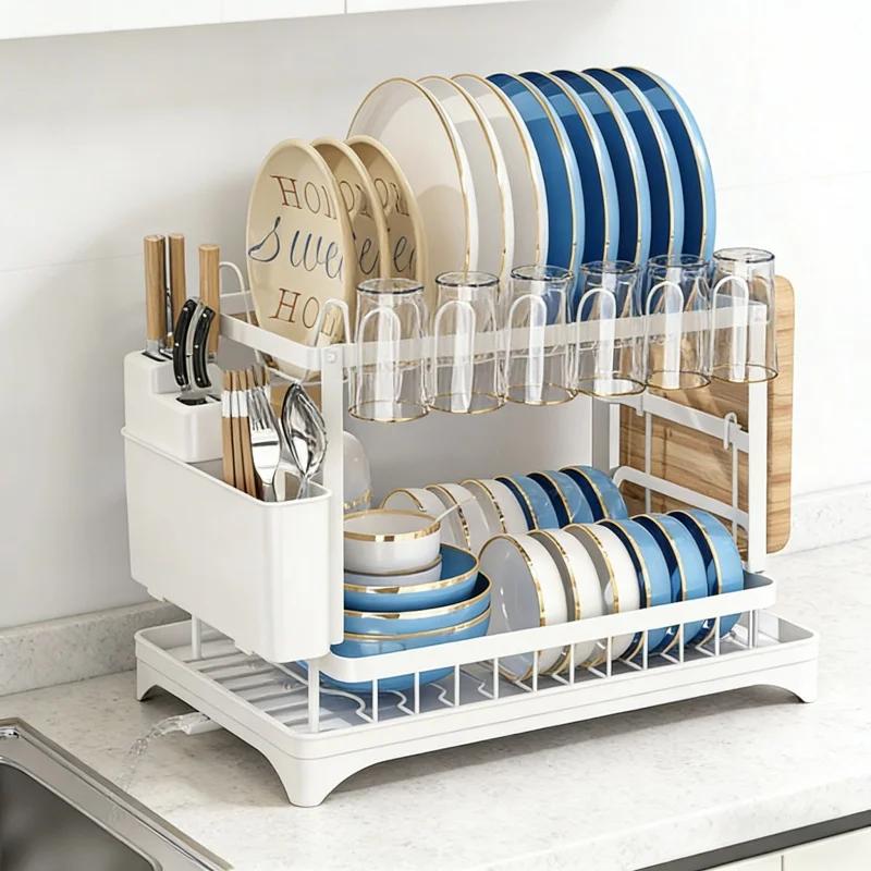 Rustproof Black 2 Tier Dish Drying Rack Metal Drainboard Kitchen Organizer Utensil Cup Holder Multifunctional Space Saving