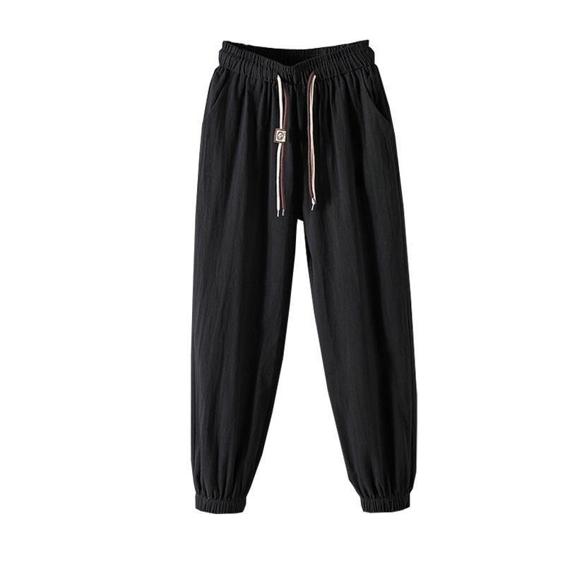 Women Summer Cotton Hemp Cropped Pants Mid-Rise Elastic Waistband Wide Leg Casual Pants