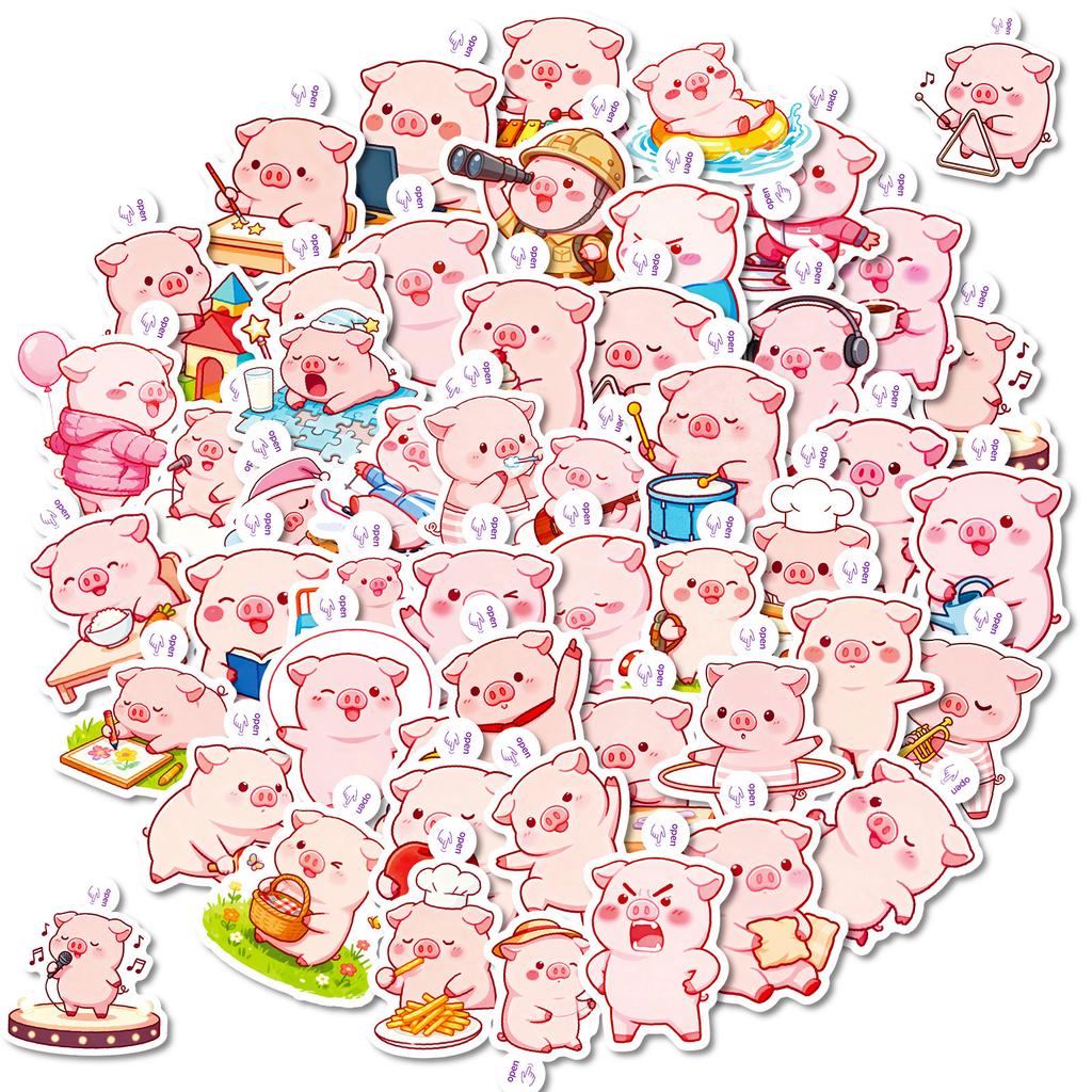 50/100 Pcs Fun Cartoon Pink Pig Funny Theme Stickers No Repeat for Stationery Box Notebook Helmet Car Scooter Suitcase Decals