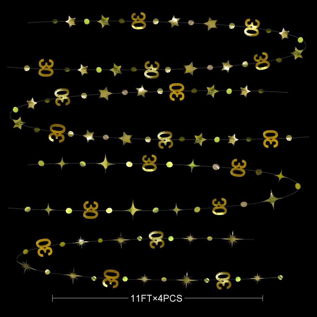Gold 30th Birthday Decorations Number 30 Circle Dot Twinkle Star Garland Metallic Hanging Streamer Bunting Banner Backdrop for Her Happy Dirty 30