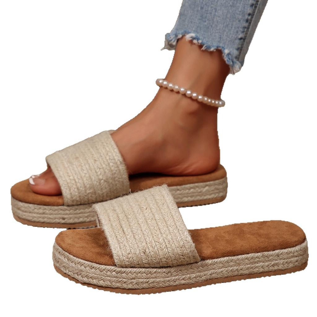 European and American large-size flat-bottomed hemp rope sandals summer new thick-bottomed open-toed woven soft straw slippers