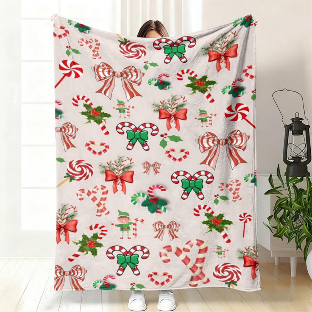 Christmas Candy Cane Bow Holly Elf Print Throw Blanket for Living Room Sofa Bedroom Daily Relax Family Xmas Gathering Gift