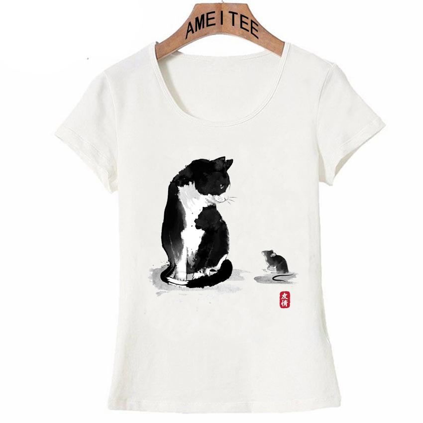 Ameitte Summer Women T Shirt Vivid Black And White Cat Print T Shirt Cute Kitten 2XL