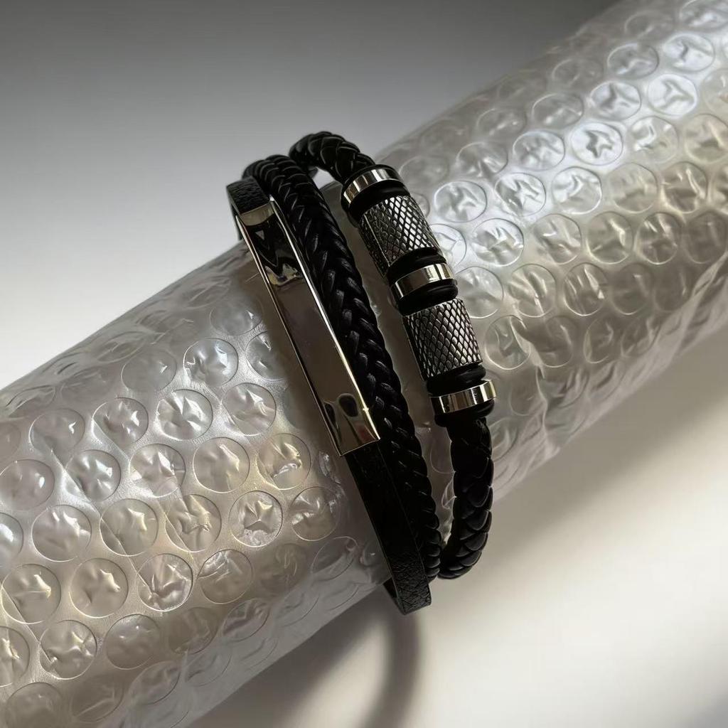 Men's Multi-layer Woven Leather Bracelet with Stainless Steel Tube
