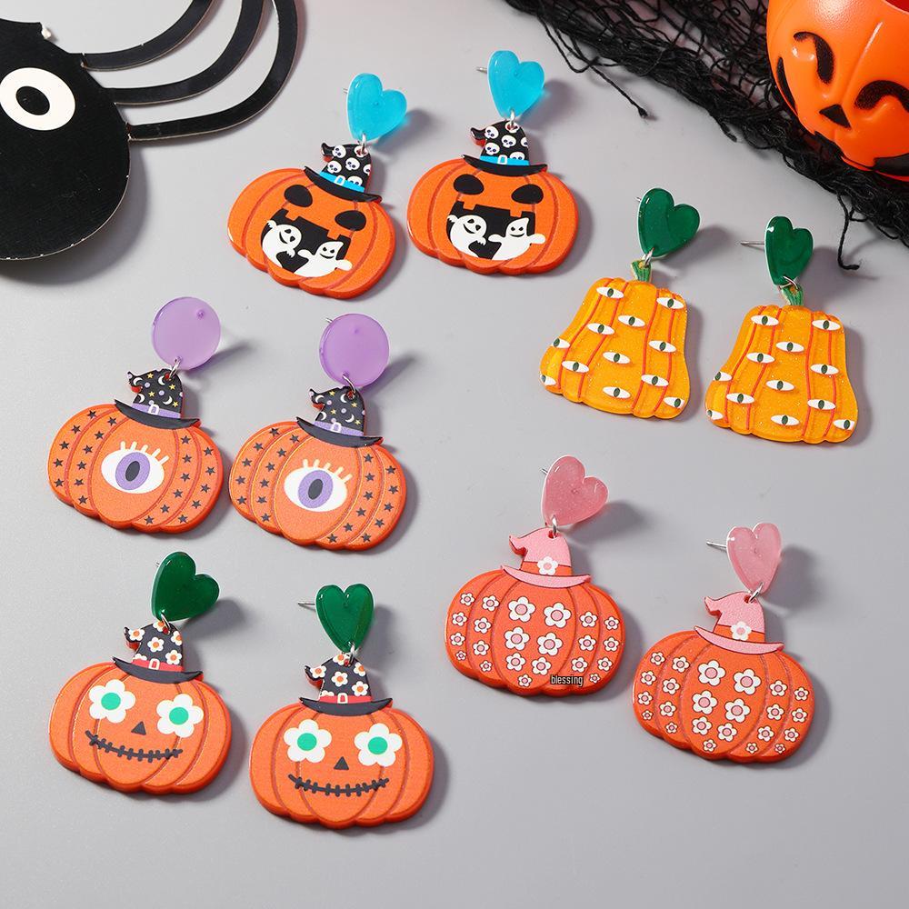 European & American Halloween Acrylic Pumpkin & Ghost Earrings - Exaggerated Cartoon Accessories for Women