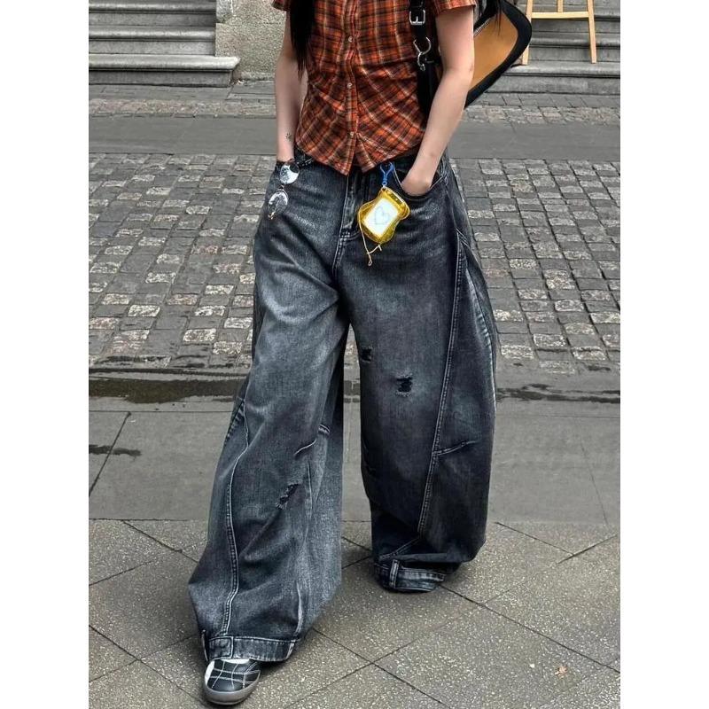 Retro Large Size Washed Frayed Scimitar Jeans Women's Street Loose Slimming Wide-legged Long Pants Trendy
