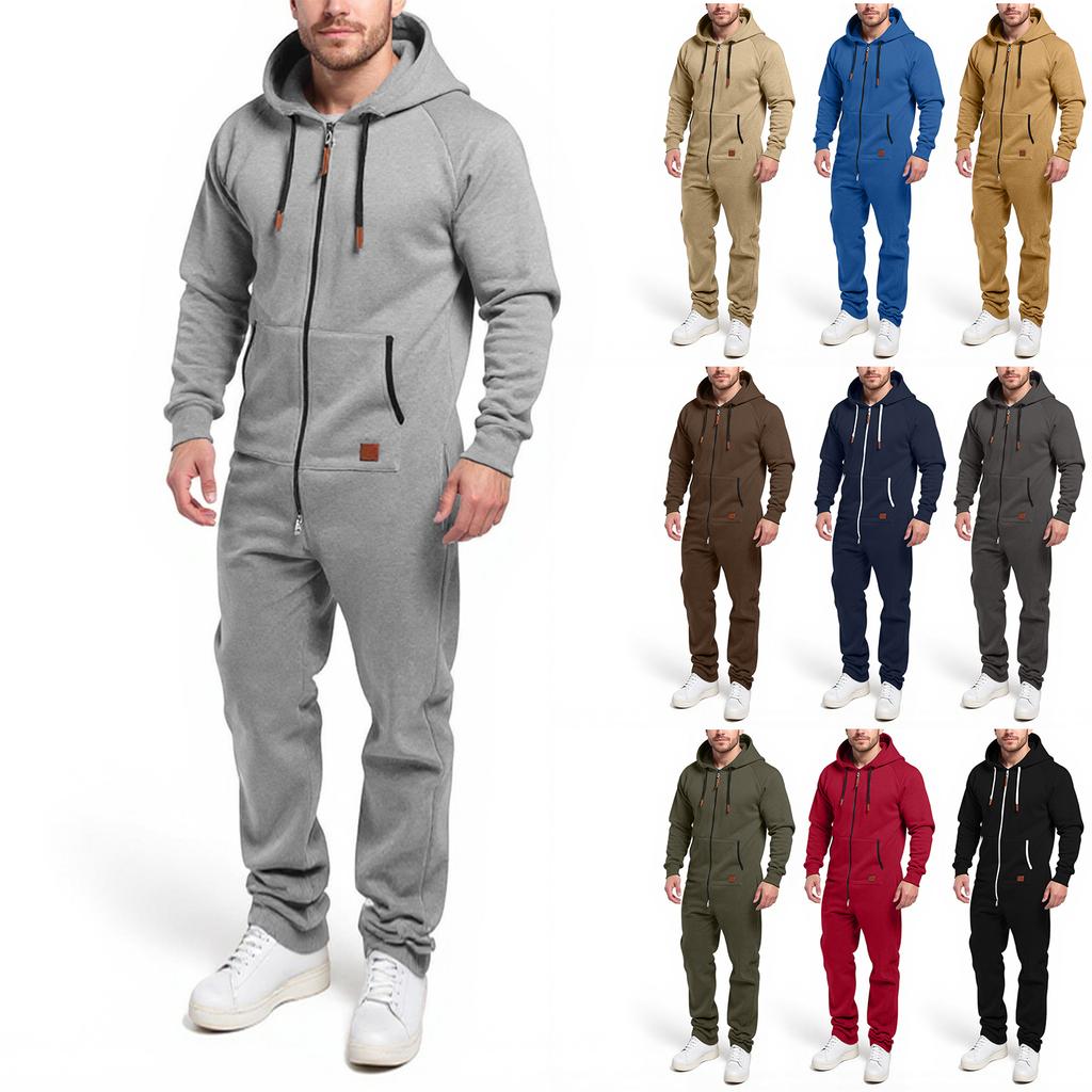 Men's Hooded Jumpsuit Zip Up  Pajamas Playsuit Jogger Sweatsuit Overall Romper