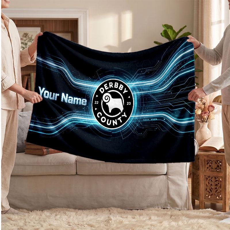 Derby County Personalisierte Fleecedecke Mit Fußballlogo, Individueller Name Text Weiche Warme Wohndecke