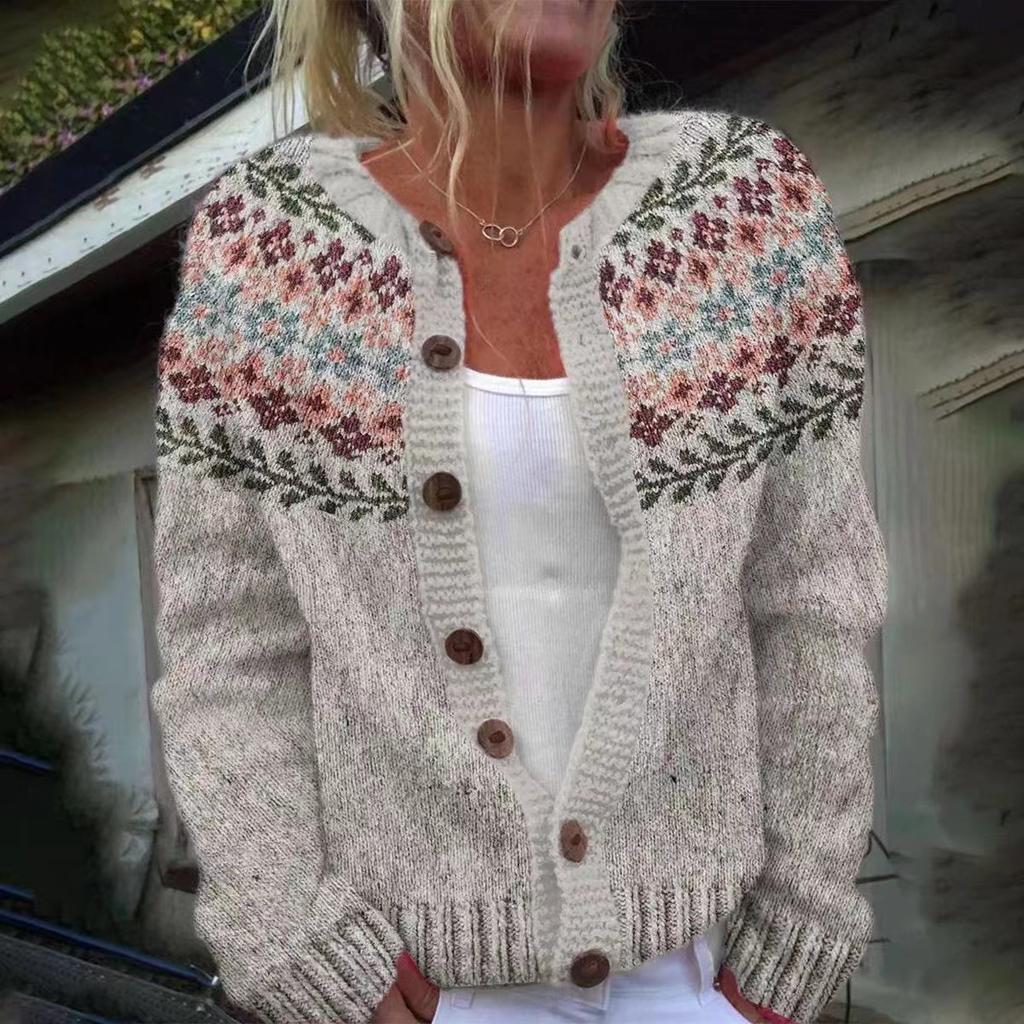 Women's Pink V-Neck Knit Cardigan with Jacquard Floral Pattern