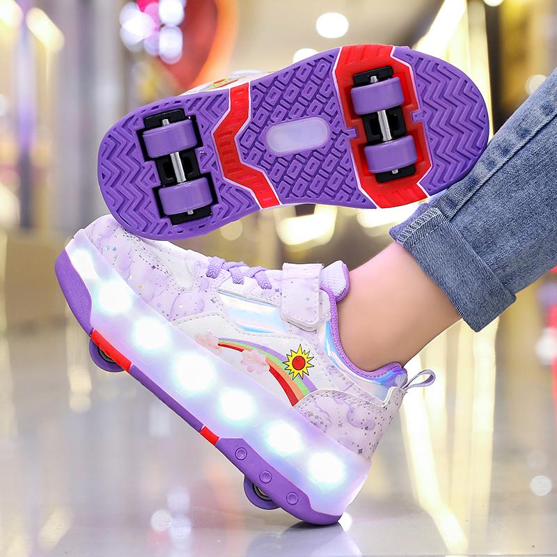 Kid's Roller Skates Removable Flat Charging LED Four Wheels Glowing Sports Shoes  Women's Glowing Sneakers
