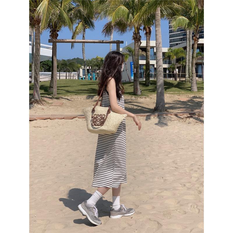 YYFS Dámská móda Léto Jaro Pruhovaný potisk Bez rukávů U výstřih Volný pas Ležérní šaty