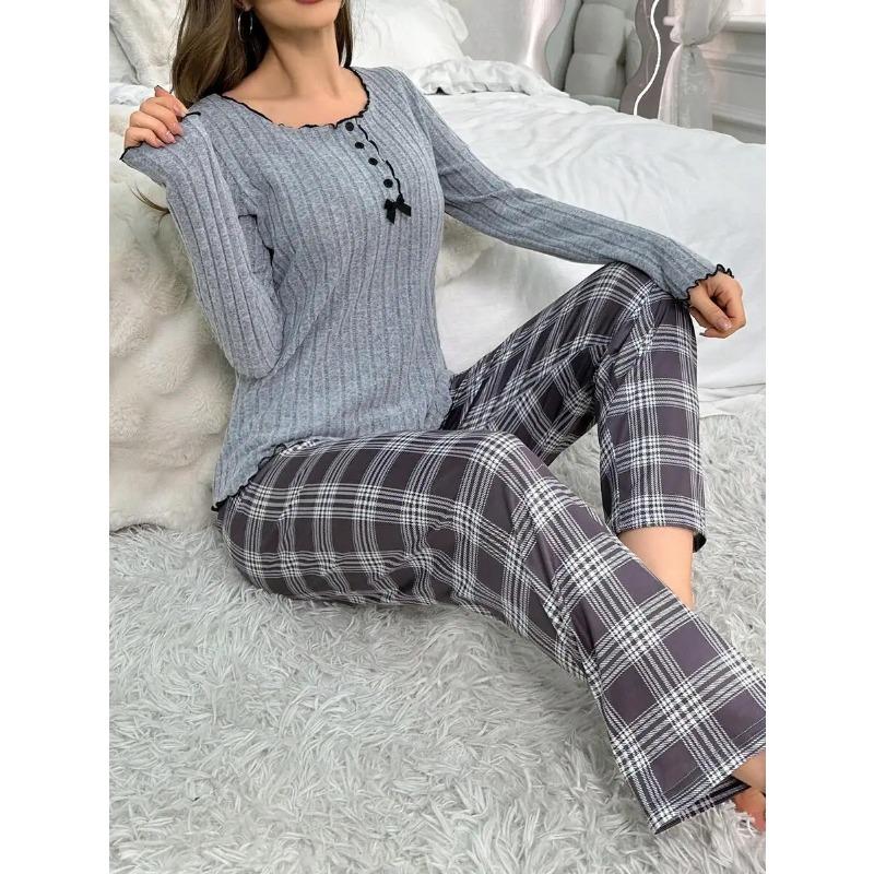 Autumn and Winter Women's Casual Pajamas Home Set Women's Long-sleeved Loose Underwear Pajamas Home Two-piece Set