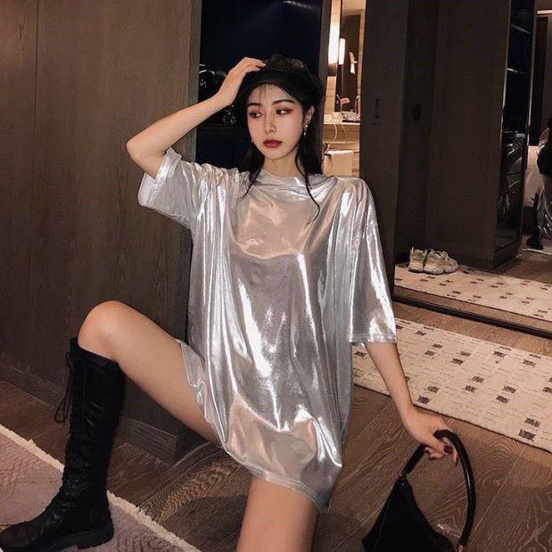 

New Spring Women s Sparkling T-shirt,Casual Loose BF Style Medium Long Short Sleeve Tee S серебряный