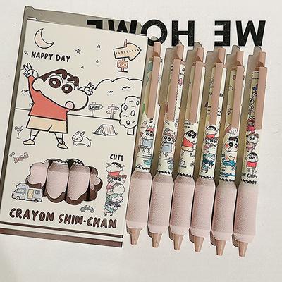 Caneta de gel Kawaii Crayon Shin-Chan com 6 peças, tinta preta de secagem rápida, caneta macia para escrita, material de escritório e papelaria para estudantes