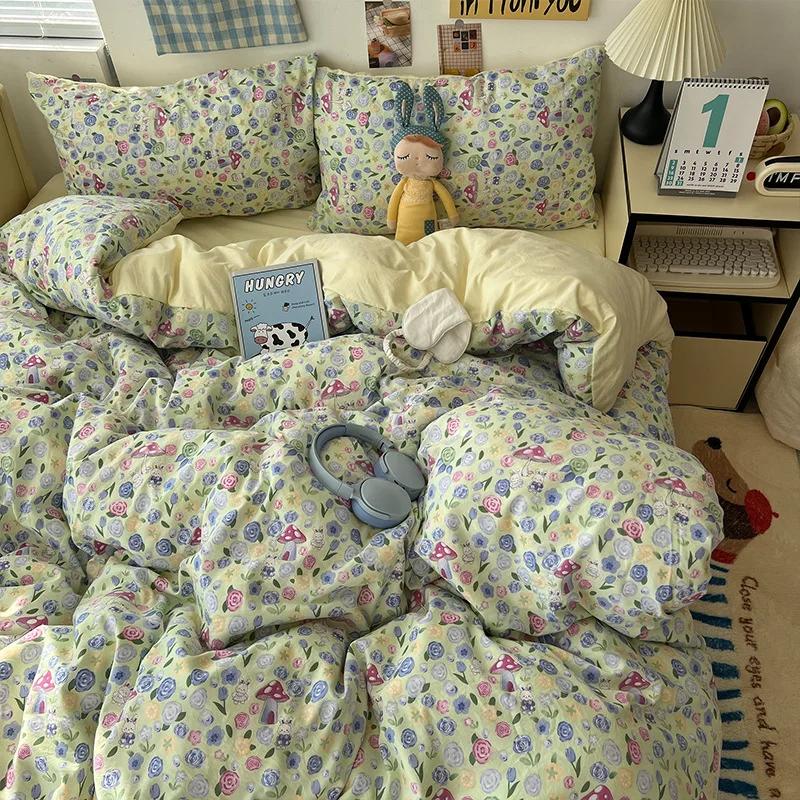 Cartoon Pattern Printed Super Soft Bedding Sets Washed Cotton Cozy Breathable Bedsheet with Pillowcase Adult Child Comfort Set