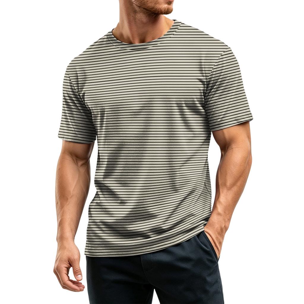 Men's Casual Quick-Dry Round Neck Short Sleeve Striped T-Shirt - Lightweight Mesh Breathable