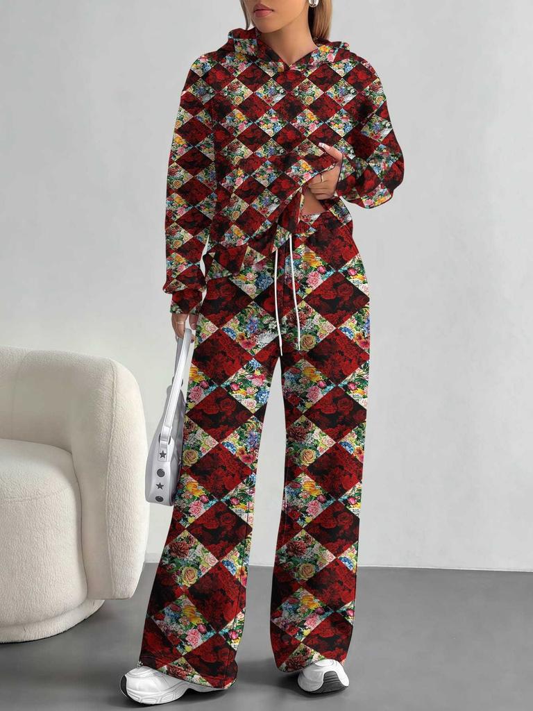 Pink Cherry Print European and American Autumn and Winter Casual Long-sleeved Suit Women's Hooded Sweater Trousers Two-piece Set