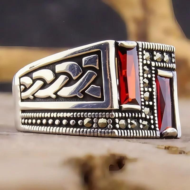 Retro Turkish Handmade Men Ring Vintage Carved Pattern Red Zircon Rings Rock Punk Islamic Muslim Wedding Jewelry