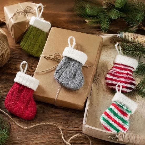 Christmas Tree Hanging Decor Mini Knitted Stocking Ornaments, Knit Xmas Decor, Small Holiday Decorative Socks Pendants for Tree, Mantel, Doorway Party