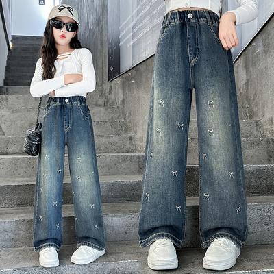 Girls Bow Jeans Pants Spring Kids Elastic Straight Denim Pants Autumn Teen Bowknot Print Wide-leg Trousers Fashion Elastic Pants
